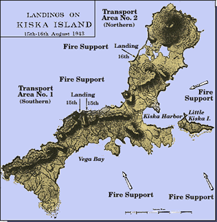 Locations of all the Kiska Landings. The Canadians landed in the Northwest end of the island on the 16th of August. US Navy Diagram.