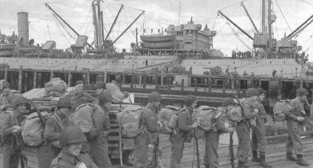 Canadian troops board the ship on their journey to Kiska - Public Archives Photo 163415.